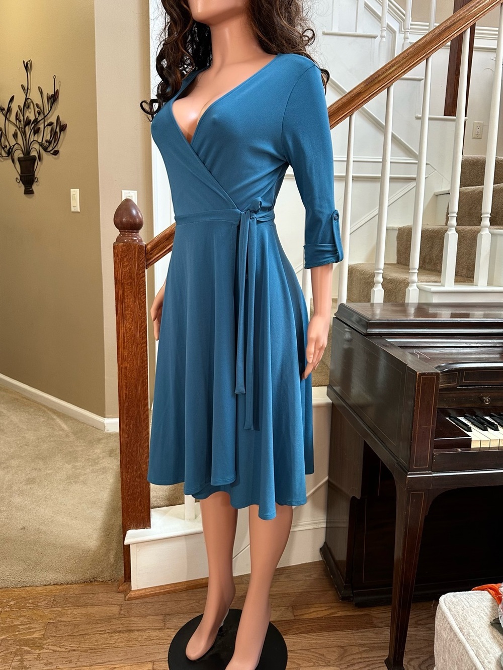 Women's Teal Midi Wrap Dress with Tie Waist